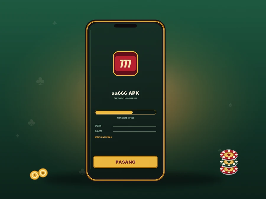 Ponsel berbingkai emas menampilkan kartu pemasangan APK: lencana aplikasi merah bertuliskan 777, judul aa666 APK, keterangan hanya dari tautan resmi, bilah kemajuan, baris ukuran dan SHA-256 bergaris putus-putus bertanda belum diverifikasi, serta tombol emas PASANG.