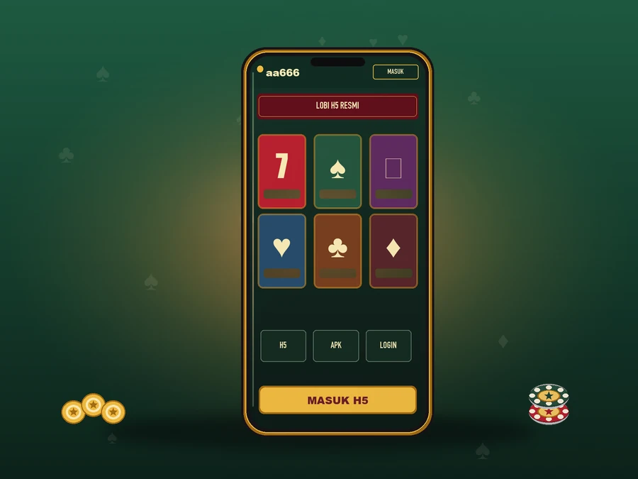 Ponsel berbingkai emas menampilkan layar lobi H5: bar atas bertanda aa666 dengan tombol masuk, pita merah LOBI H5 RESMI, enam kotak permainan bersimbol tujuh dan jenis kartu, tiga tombol rute H5/APK/LOGIN, serta tombol emas MASUK H5.
