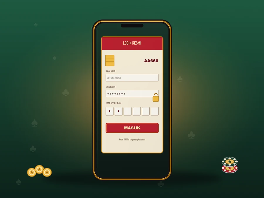 Ponsel berbingkai emas menampilkan kartu krem berbingkai emas: pita merah LOGIN RESMI, cip emas, nama merek AA666, kolom nama akun, kolom kata sandi bertitik dengan gembok emas, enam kotak kode OTP pribadi, dan tombol merah MASUK.