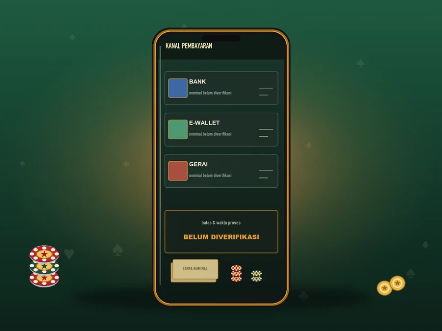 Ponsel berbingkai emas menampilkan panel KANAL PEMBAYARAN: tiga baris bank, e-wallet, dan gerai dengan lencana warna serta kolom nominal bergaris putus-putus, panel batas dan waktu proses bertanda BELUM DIVERIFIKASI, tumpukan uang kertas tanpa nominal, dan cip.